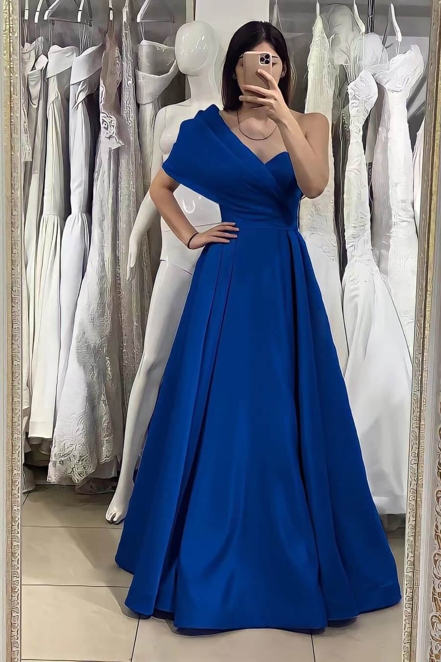 Elegant Königsblau eine Schulter Herzförmiger Ausschnitt Abendkleid Schulterfrei Online ED0150 Lunass
