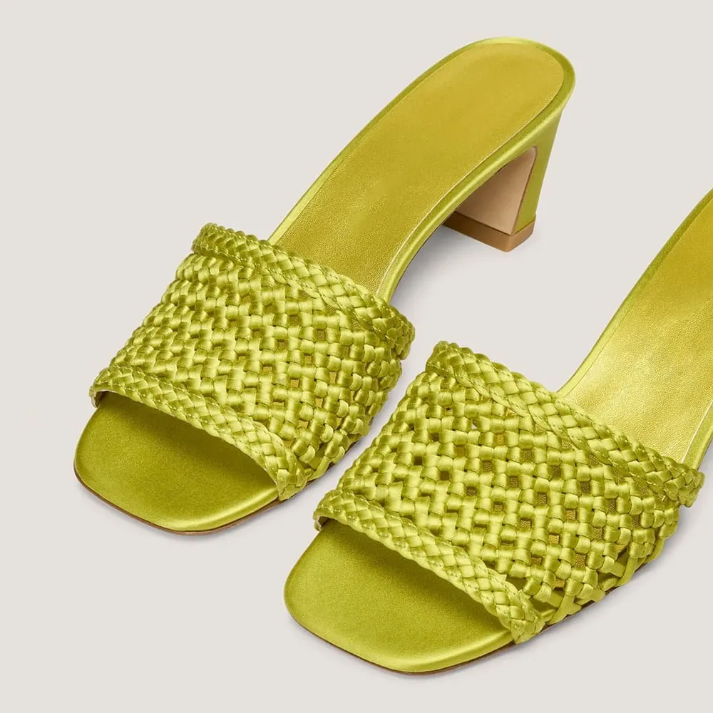 Lime Satin Woven Slip On Square Toe Block Heel Mules Sandals