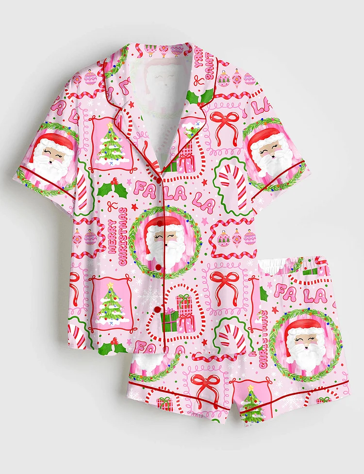 Women&rsquo;s Pink Christmas Trendy Christmas Tree Merry Christmas Fa La La Christmas Snow Print Short Sleeve Satin Pajama Set