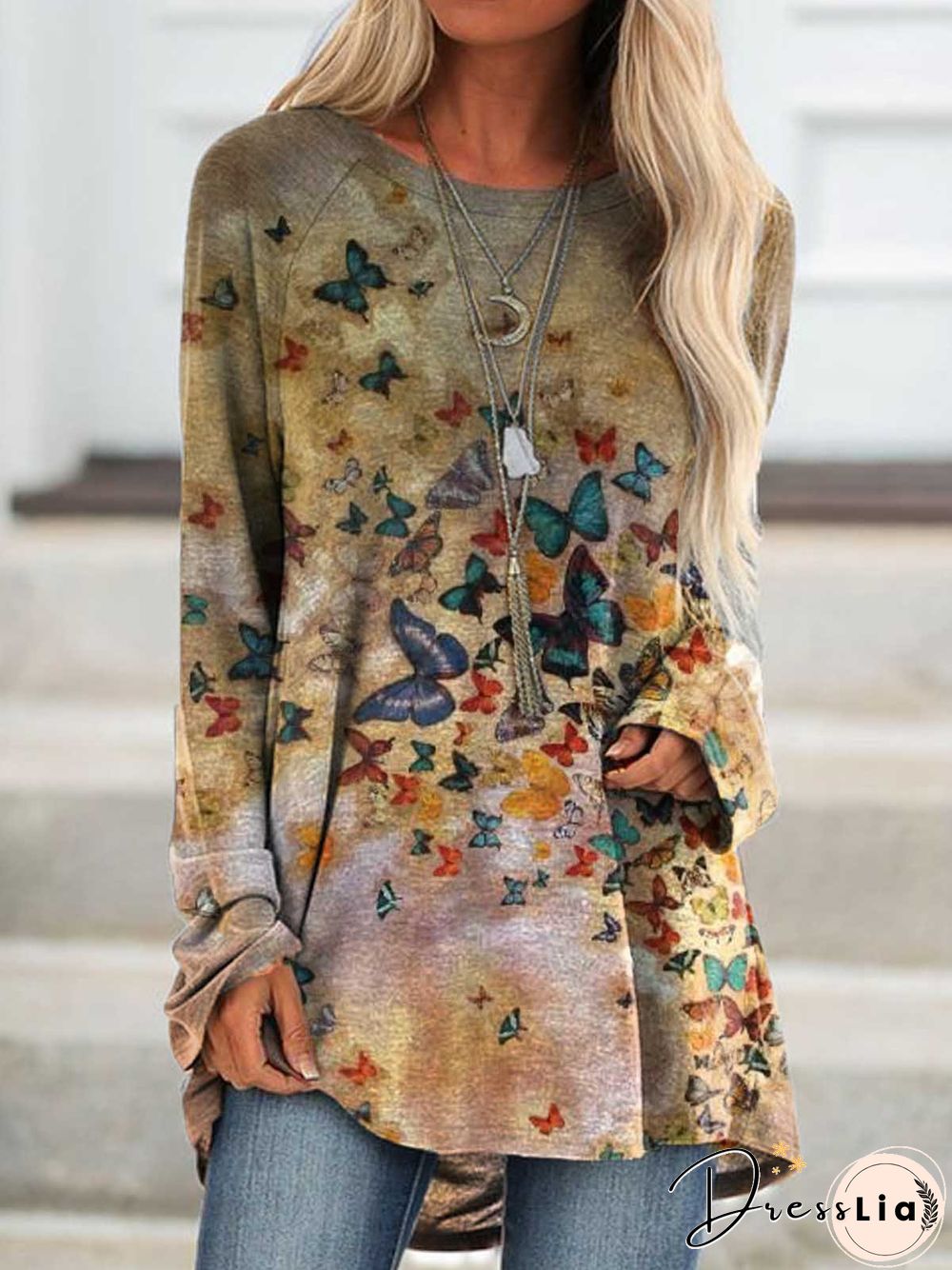 Women Deep Khaki Casual Butterfly Printed Long Sleeve Shirts