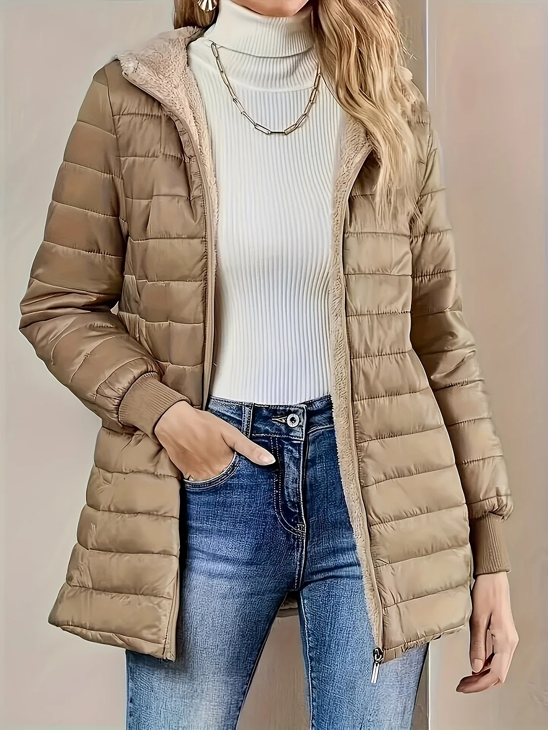 [Winter Puffer Jacket] Mid-Length Puffer Women's Casual Jacket | Machine Washable, Zippered Pockets, Solid Color, Versatile Outerwear for Transitional Weather, Durable Winter Wear