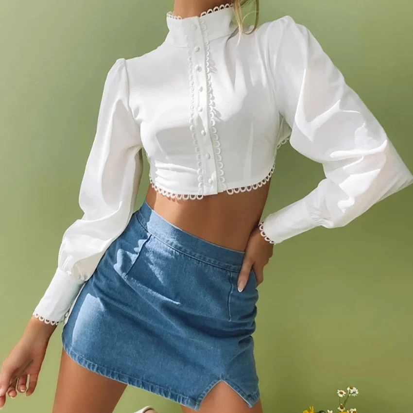2023 Y2K Streetwear Lace Crop Top Women Autumn Lantern Sleeve Turtleneck Sexy Blouse Fashion Elegant Single-Breasted Navel Shirt