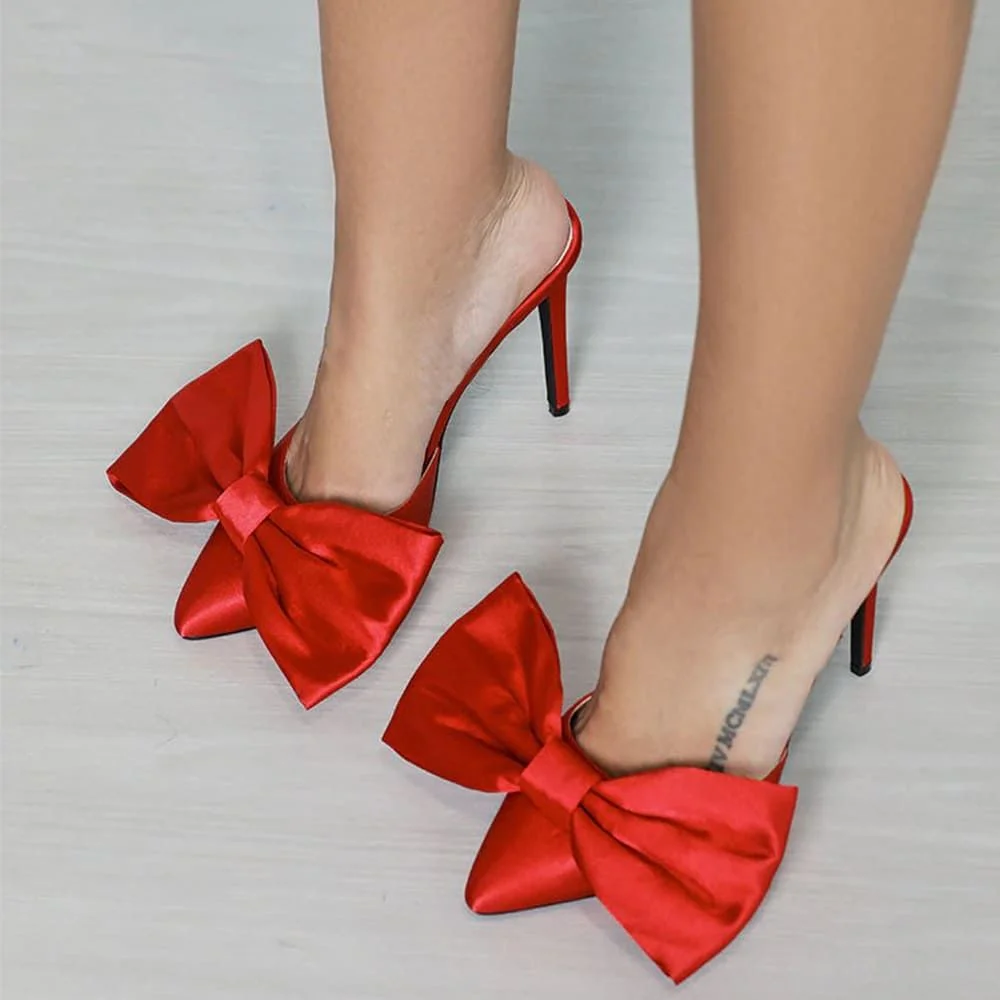 Chic Red Satin Pointed Toe High Heel Mules with Oversized Bow Nicepairs