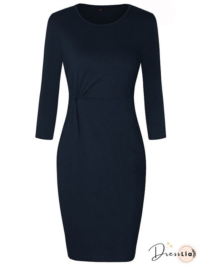 Bodycon Sheath Dress Church Dress Knee Length Dress Wine Dark Blue Long Sleeve Pure Color Ruched Fall Winter Crew Neck Stylish Winter Dress Fall Dress Slim S M L XL XXL 3XL 4XL 5XL for Women