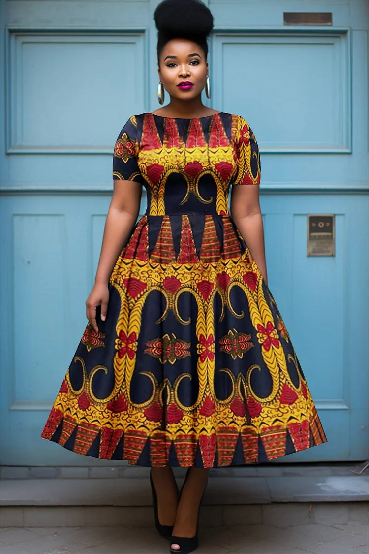 Xpluswear Design Plus Size Semi Formal Multicolor African Ankara Round Neck Short Sleeve Pocket Midi Dresses [Pre-Order] 2024 - Xpluswear