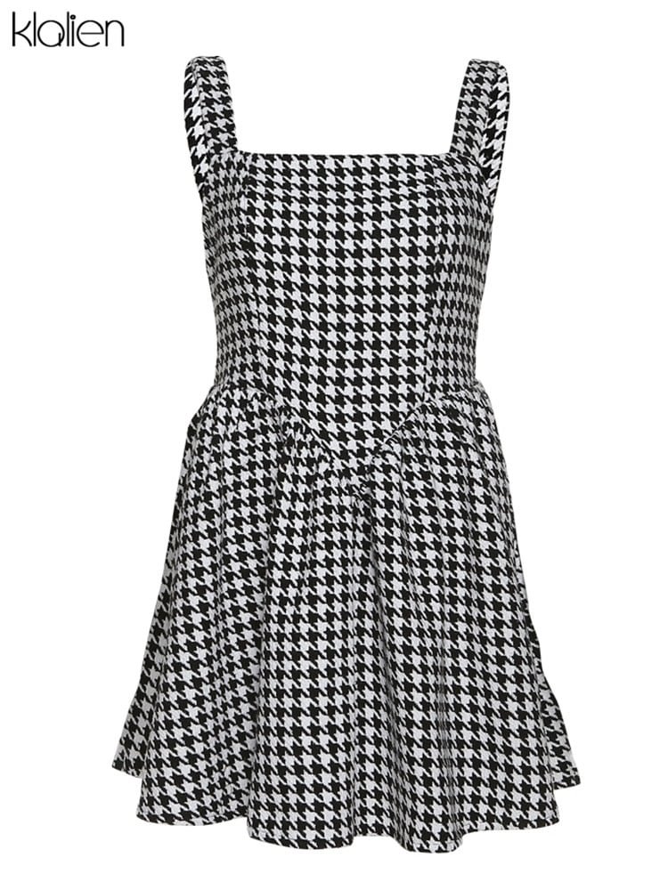 KLALIEN Women Dress Fashion Casual Elegant Strap Mini A-Line Dress Plaid Simple Wild Sweet College Style Streetwear Y2K