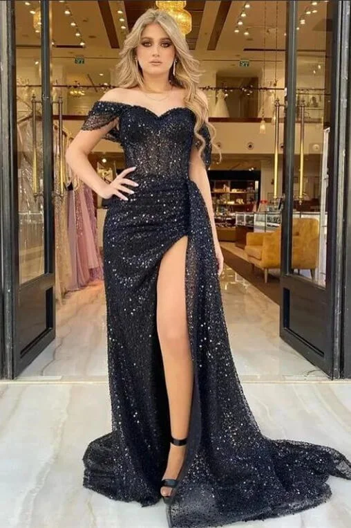 Classy Black Off-the-Shoulder Sequins Evening Dress Slit Long With Ruffle - lulusllly