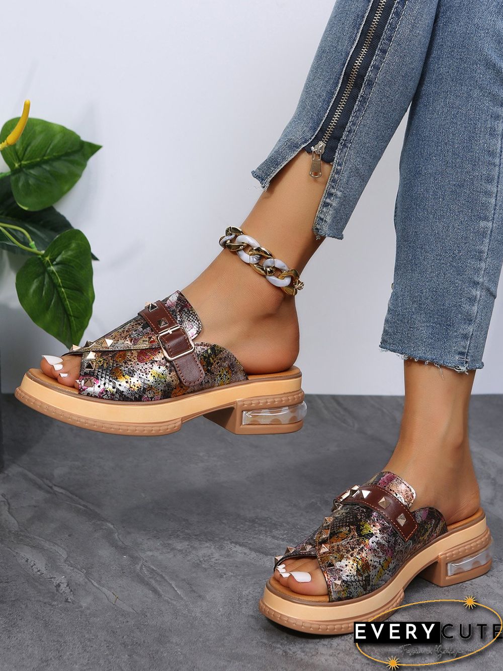 Urban Studded Snake Print Chunky Heel Slippers