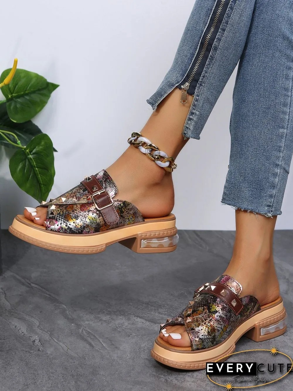 Urban Studded Snake Print Chunky Heel Slippers