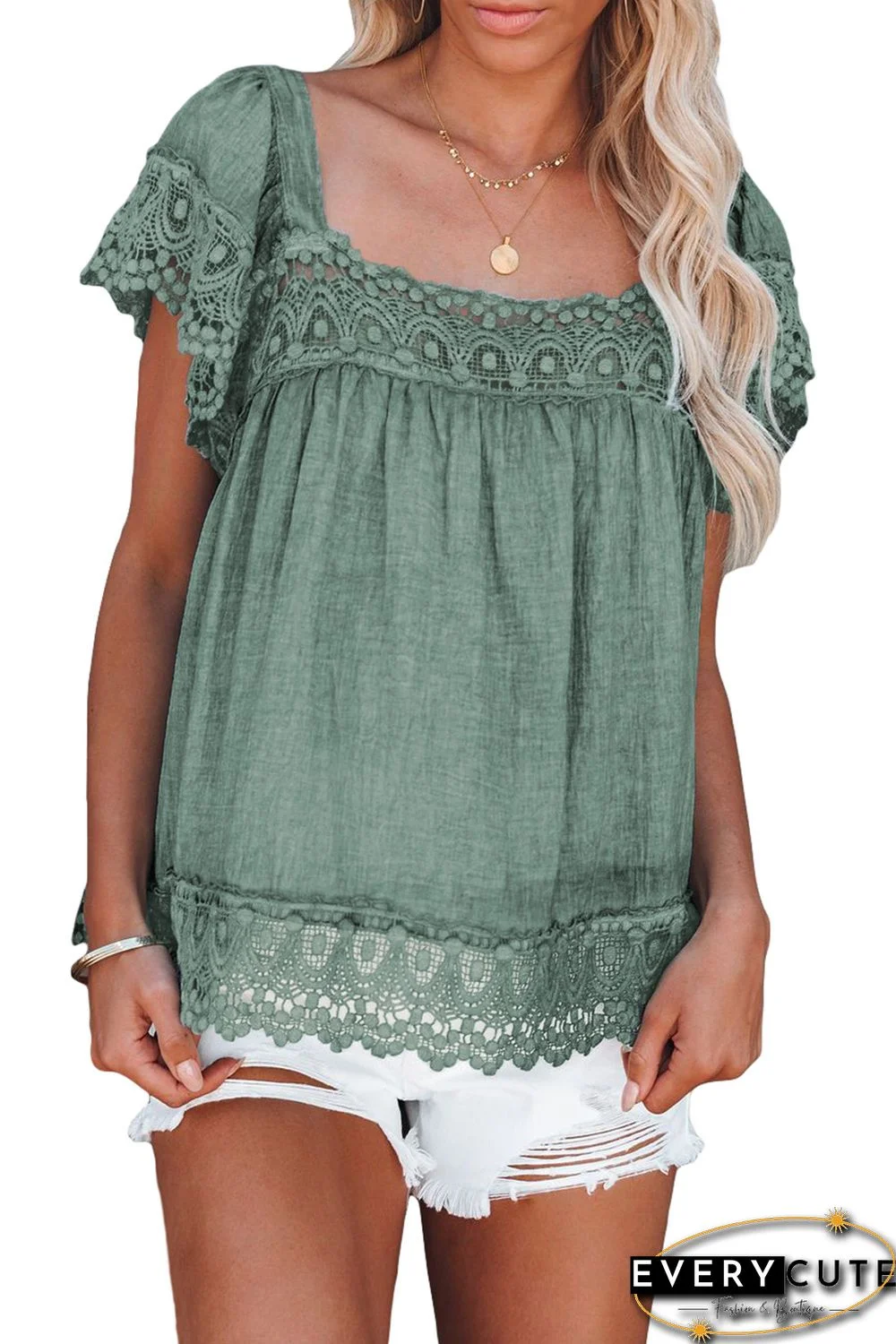 Green Lace Pom Pom Splicing Square Neck Blouse