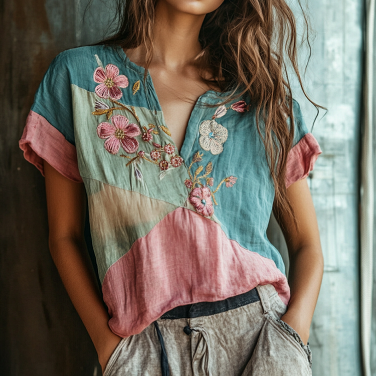 Utbros Women's Floral Blue And Pink Embroidery V Neck Casual Linen Top