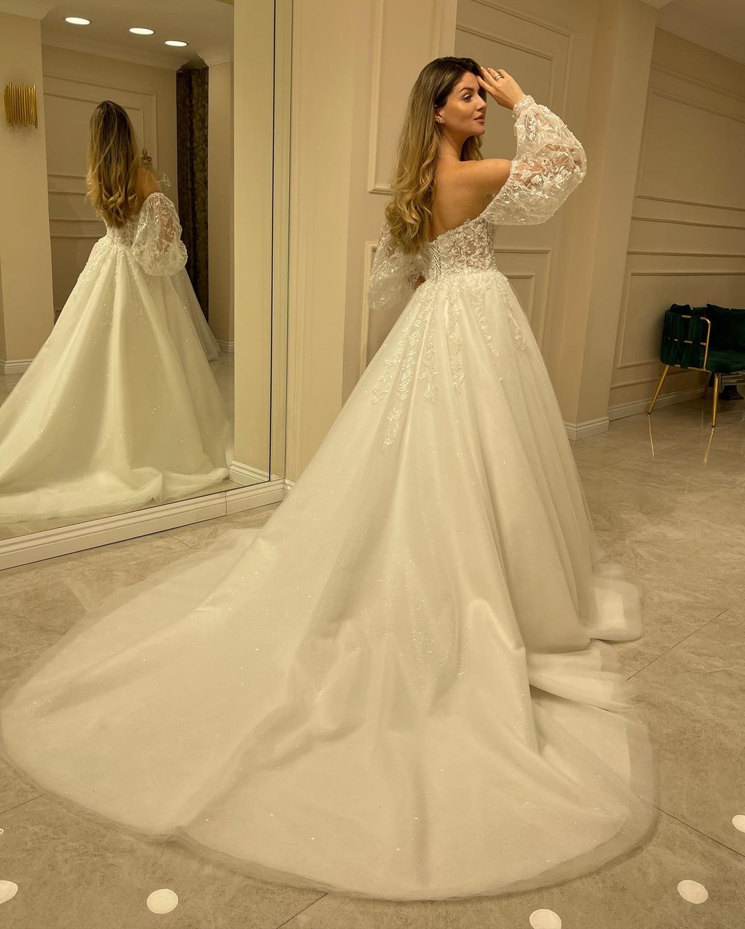 Miabel Glamorous Backless Sweetheart Long Sleeve Train Wedding Dress With Appliques Lace A-Line