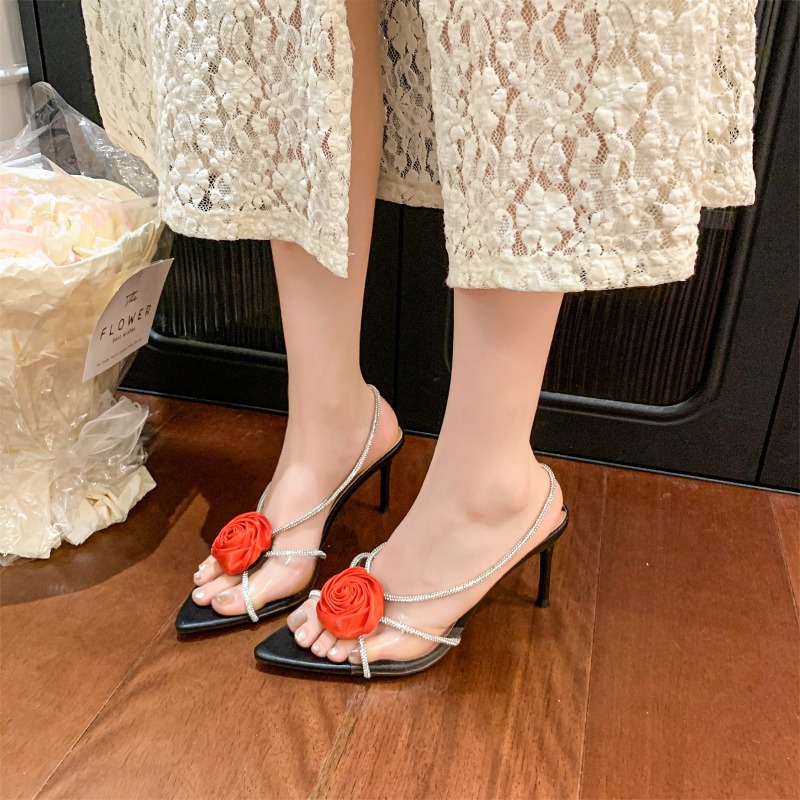 Googlygenius Design Sense Transparent Sandals Women's Summer New Temperament Pointed Toe Open Toe Flower Thin Strap High Heels
