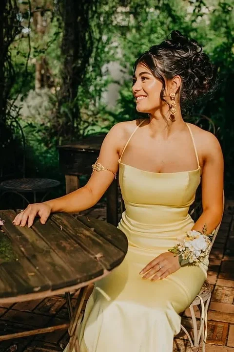 Daisda Yellow Sleevelesss Spaghetti Straps Square Mermaid Prom Dress 