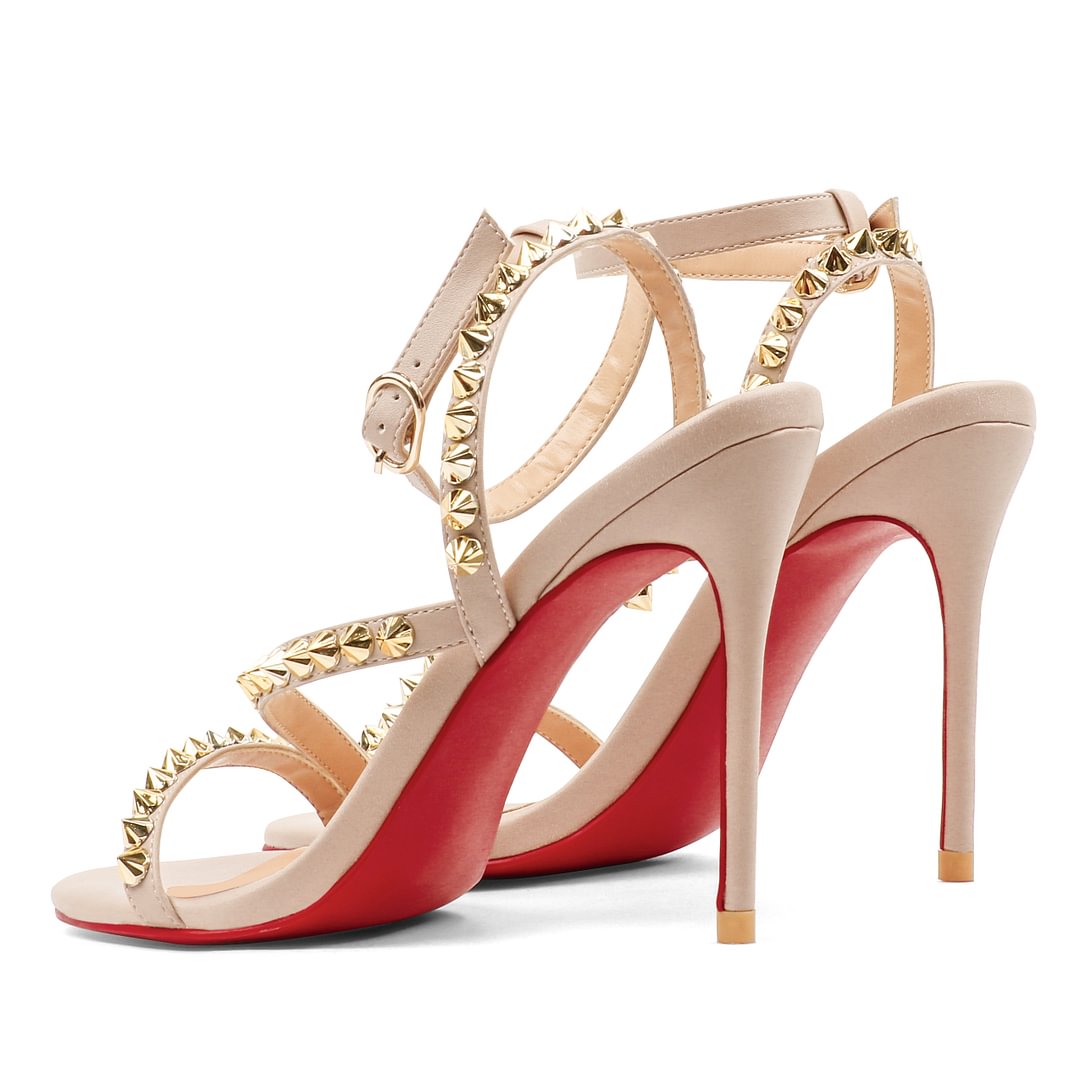 3.94'' Women Slingback Open Toe Rivets Sandals Ankle Buckle High Heel Summer Red Bottoms Nude Shoes-MERUMOTE