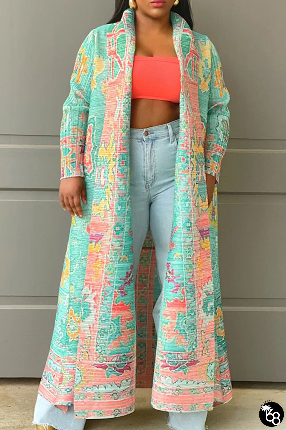 Light Green Street Print Patchwork Cardigan Collar Outerwear | 168DEAL