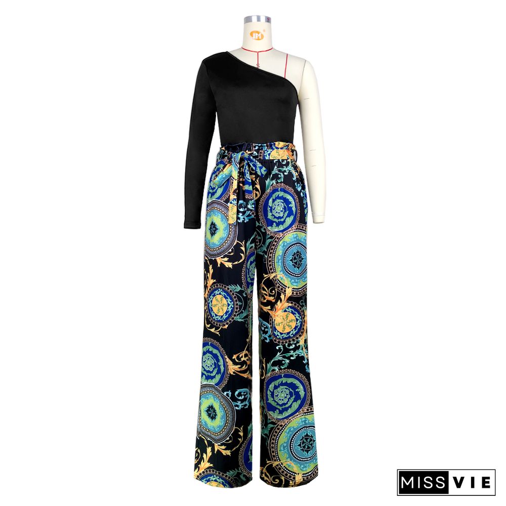 Single Shoulder Patchwork Lace Up Wide Leg Jumpsuits