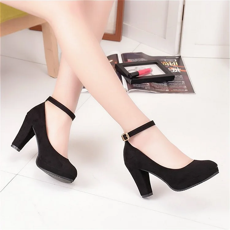Vintage Black Suede Chunky Heels Ankle Straps Shoes Vdcoo