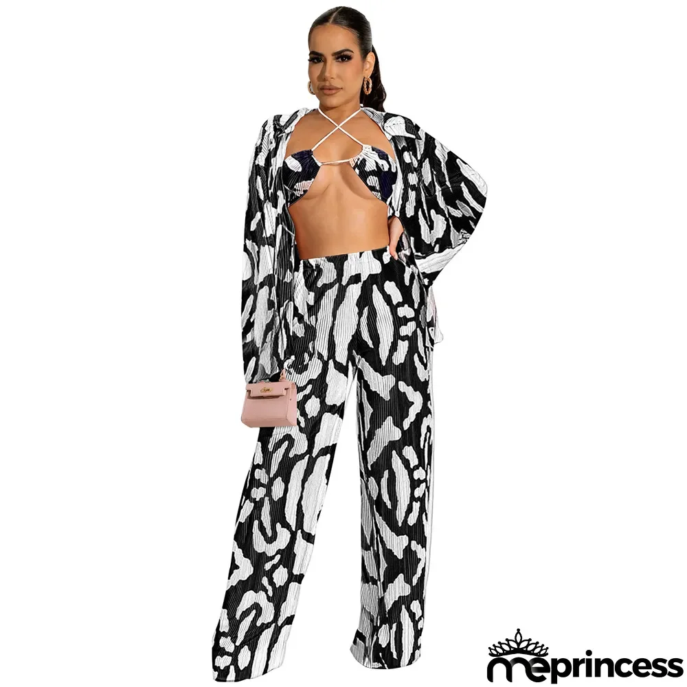 Women Fall Pleated Print Trousers Three-Piece