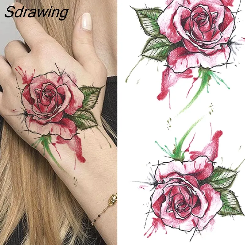 Sdrawing Fake Peony Temporary Tattoos For Women Girl Black Rose Elephant Flower Tattoo Sticker Tiger Anemone Tatoos Half Sleeve 1020-0