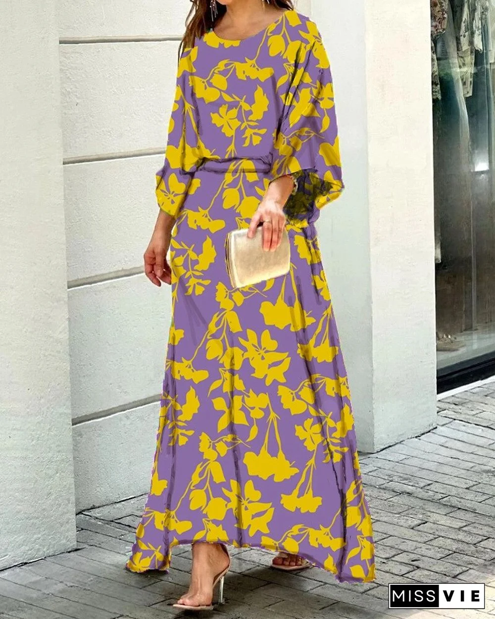 Summer New Loose Printed Maxi Dress Long-sleeved Top High-waisted Half-length Dress Suit Vestidos De Mujer