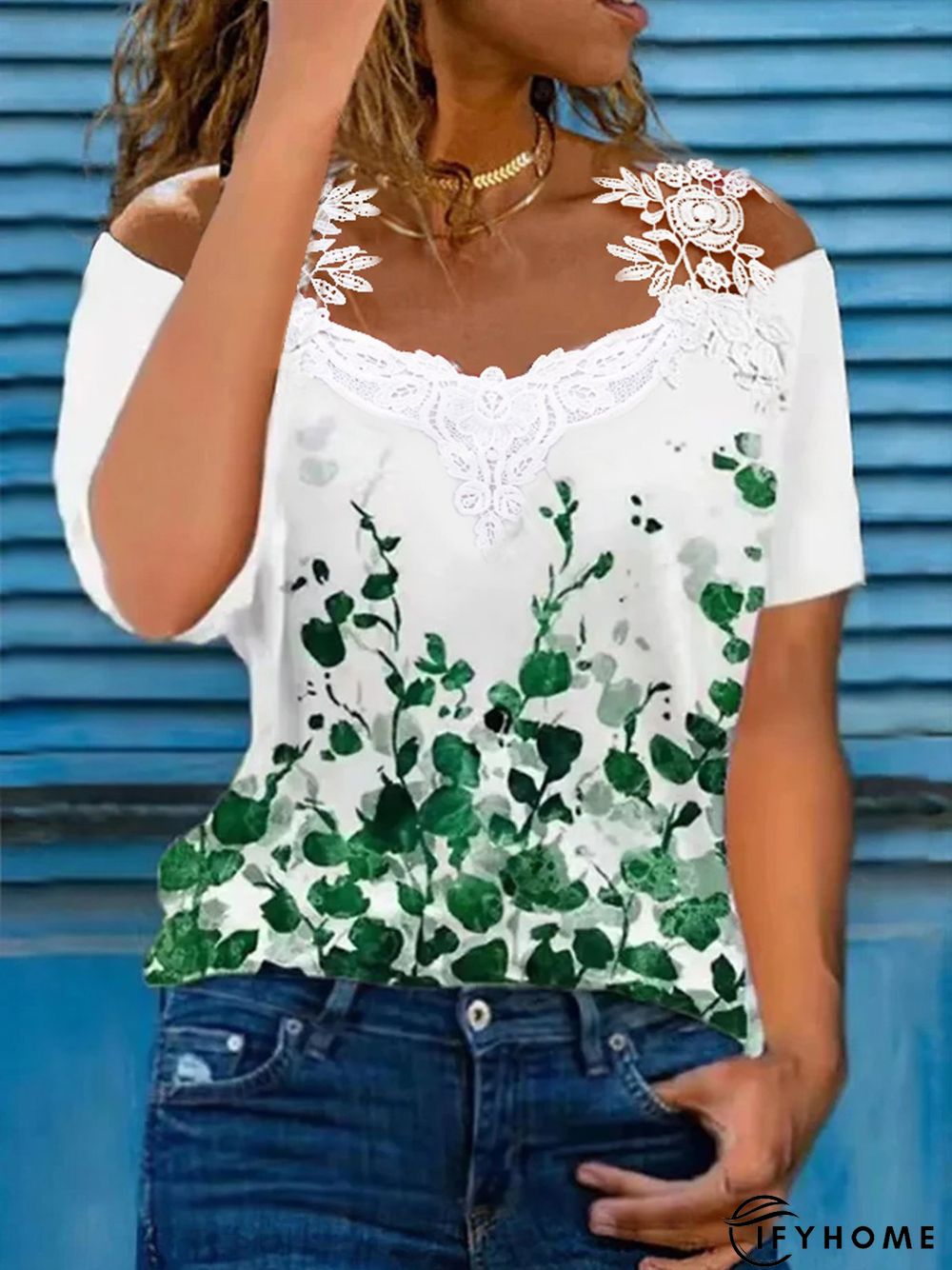 Women's Casual Floral V Neck Lace Cotton Blends Short Sleeve Top T-shirt | IFYHOME