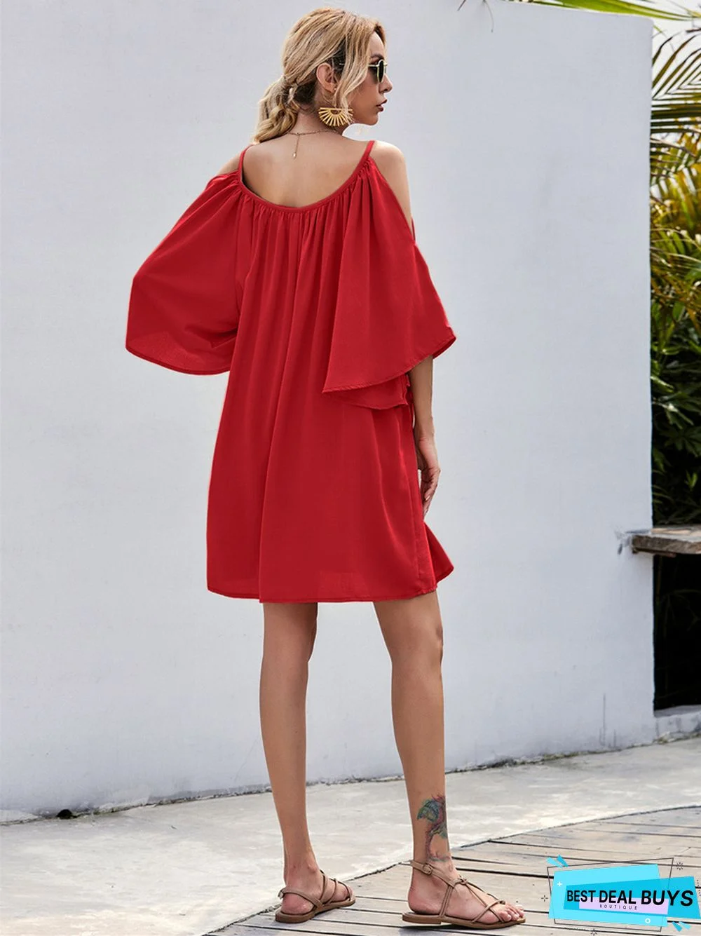 European and American Women's Casual Sexy Dress with Flared Sleeves and Shoulder Leakage