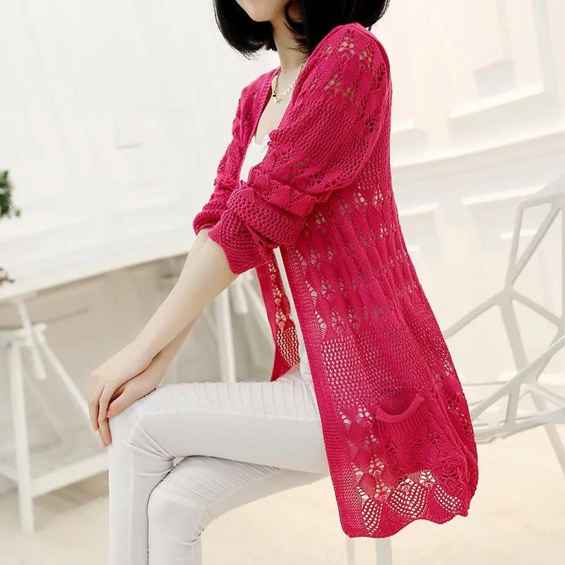 2021 Fashion Knitted Cardigan Loose Pocket Hollow Long Sleeve Women Sweater Female Cardigans Women's Coats Sweaters Outerwear