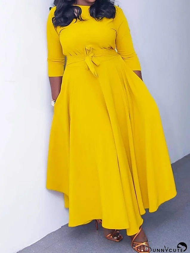 Plus Size Casual Dress Swing Dress Solid Color Long Dress Maxi Dress 3/4 Length Sleeve Lace up Pocket Crew Neck Fashion Daily Yellow Red Spring Summer L XL XXL 3XL for Women