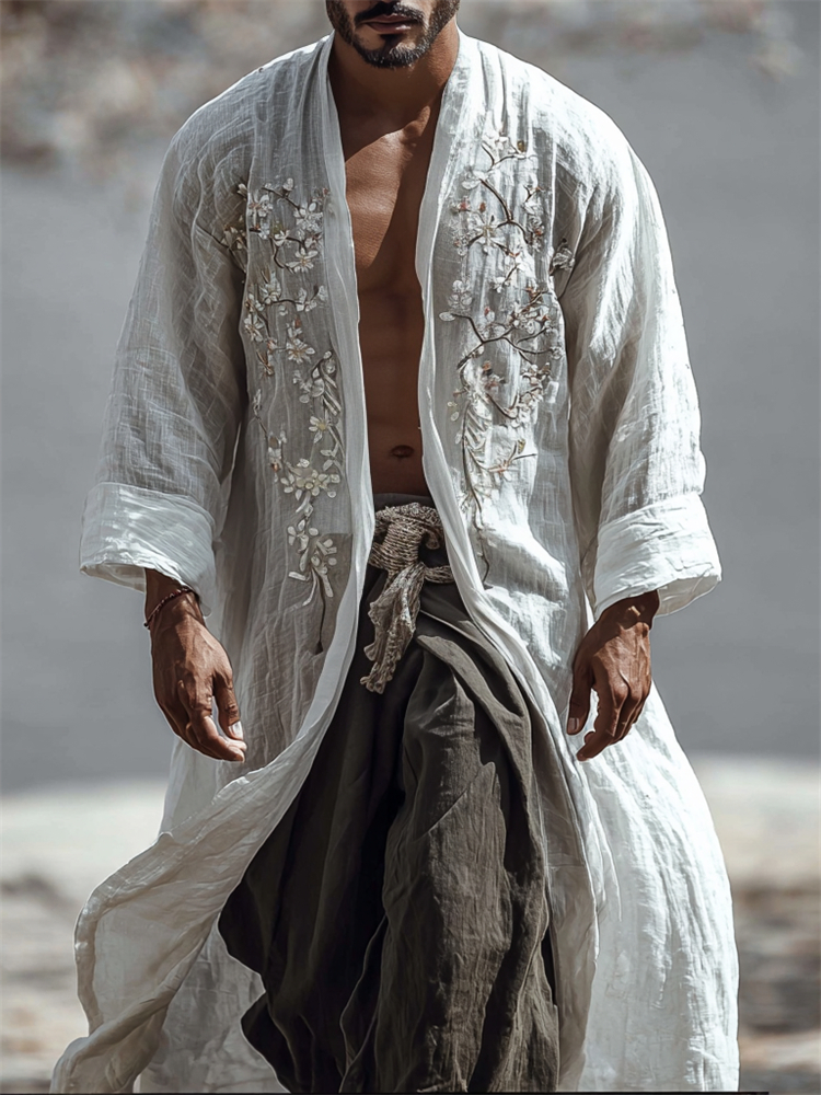 Men's Japanese Almond Blossom Linen Long Kimono  artssus