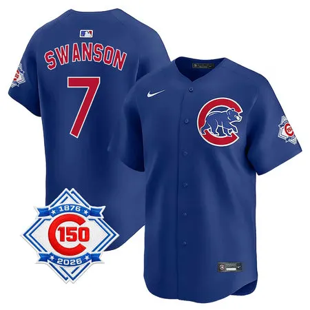 Youth Chicago Cubs #7 Dansby Swanson Royal Nike Alternate Vapor Limited 150th Anniversary Authentic Lettering Jersey