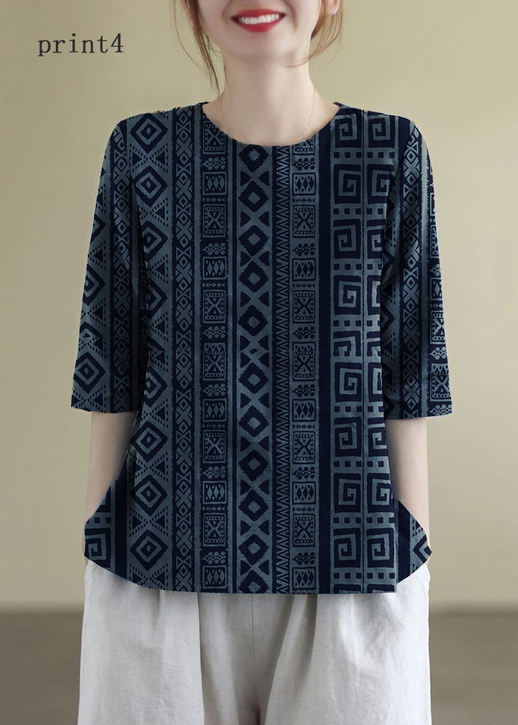 VCSHOES Print4 O-Neck Embroideried Cotton Blouses Half Sleeve