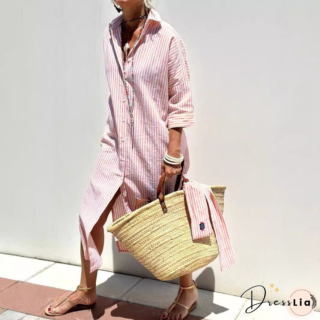 Women's Half Sleeve Striped Slit On Both Sides Dresses