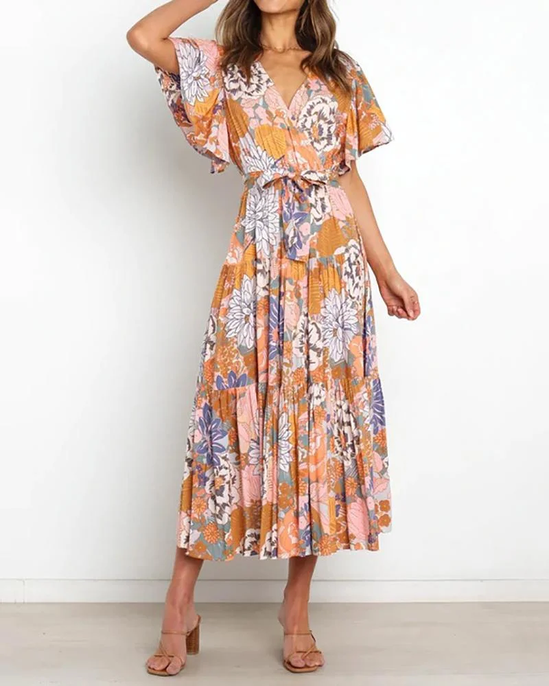 Commuter v-neck short-sleeved printed dress