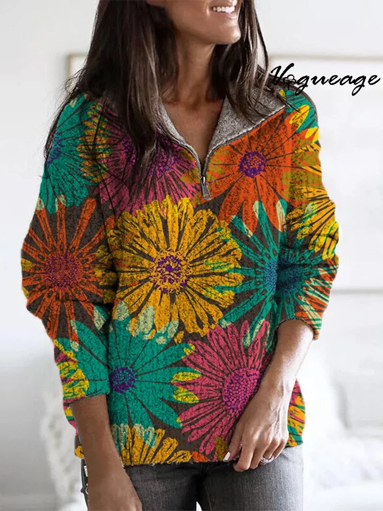 Colorful Large Chrysanthemum Flowers Zippered Long-Sleeved Sweater