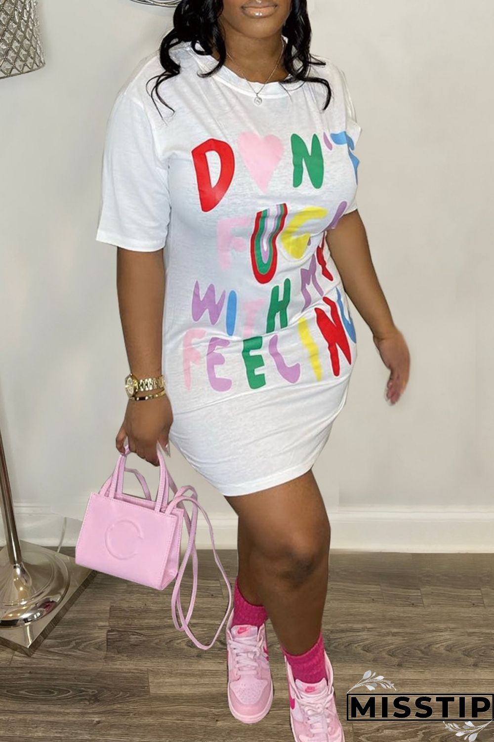 White Casual Letter Print Basic O Neck T-shirt Dress Short Sleeve Dress