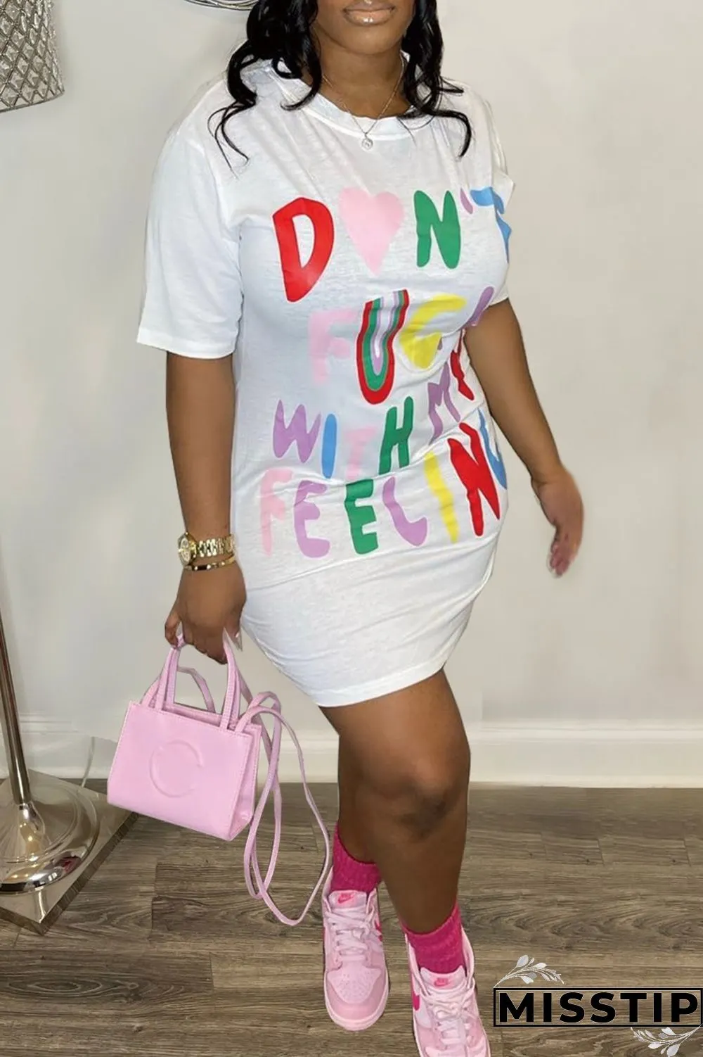 White Casual Letter Print Basic O Neck T-shirt Dress Short Sleeve Dress
