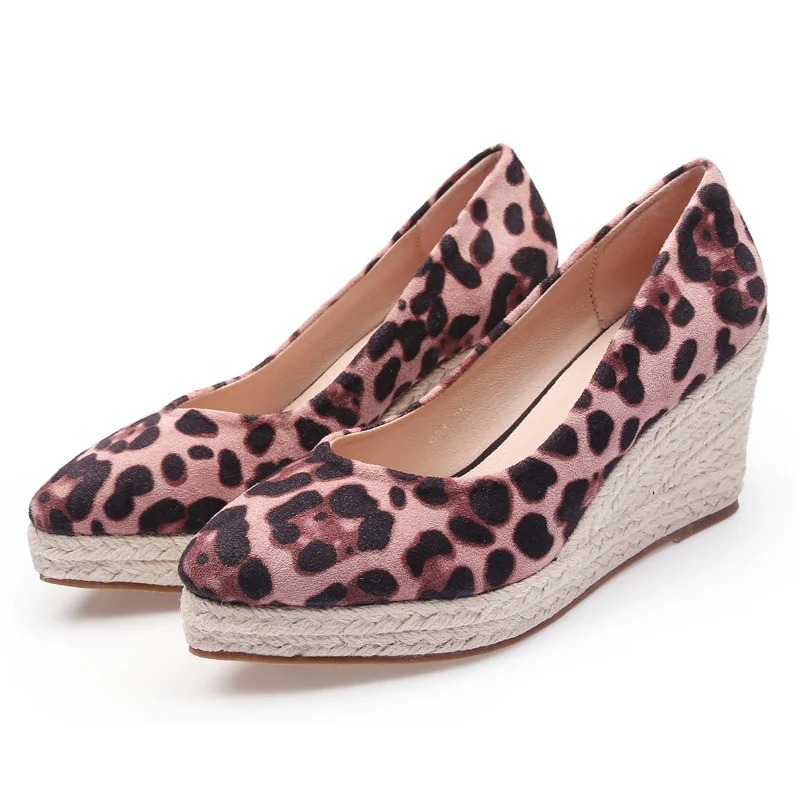 Wongn Wongn Spring And Autumn 2023 Wedge Single Shoes Women's Shallow Tip Thick Grass Woven High Heel Female Leopard Grain Thick Heel