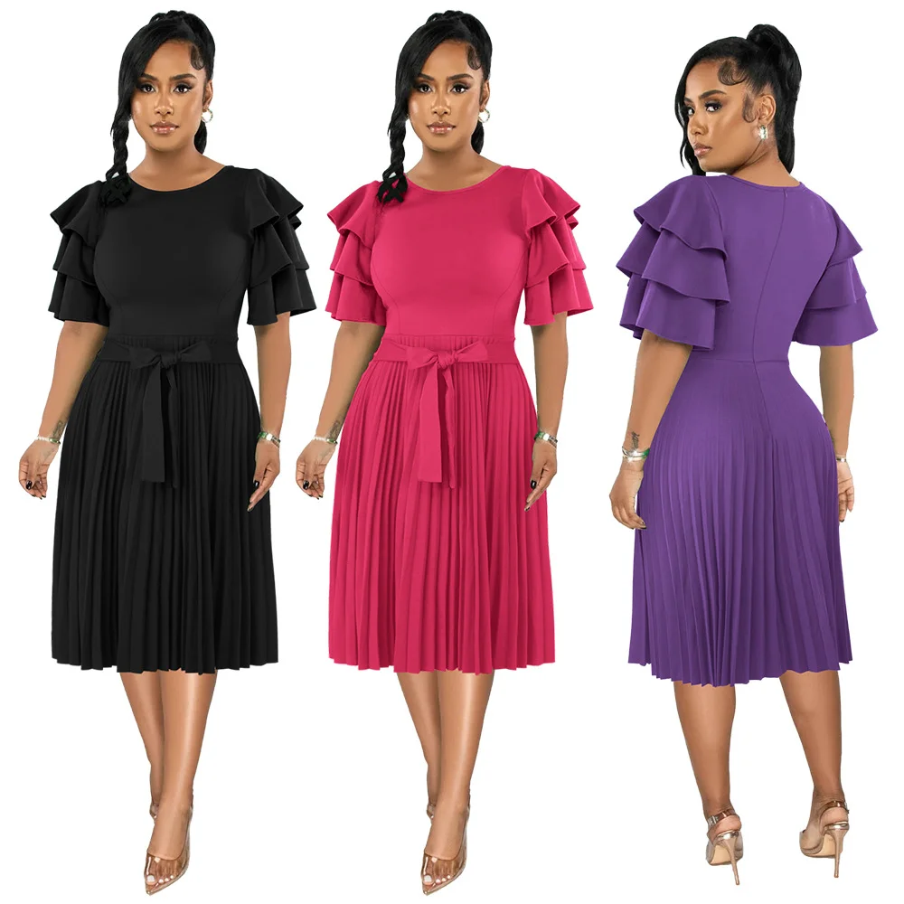 Round Neck Ruffle Short Sleeve Pressed Pleated Dress | IFYHOME