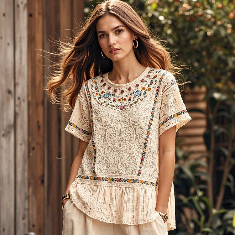 Utbros Women's Bohemian Floral Art Linen Short Sleeve T-shirt