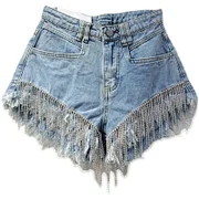 Chic Distressed Denim Shorts for Women - Spring-Summer 2025 Zara Style with Rhinestone Chains