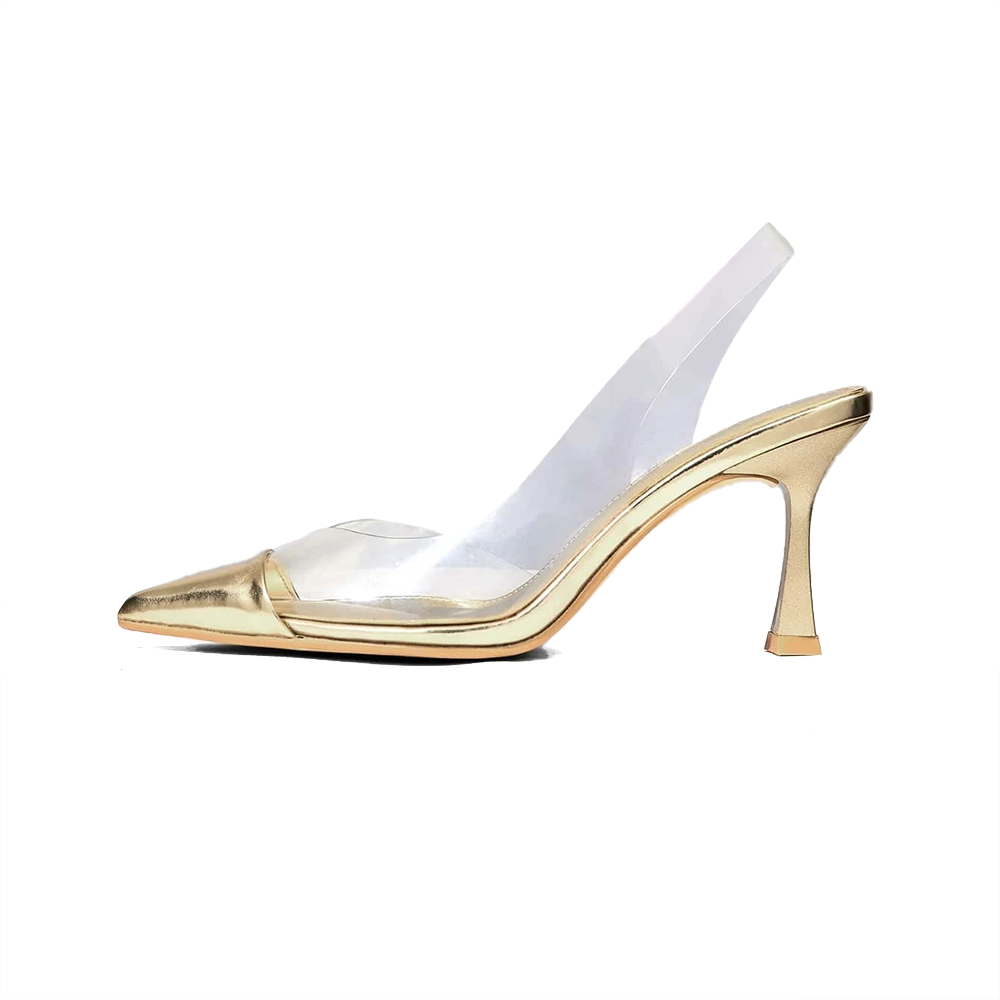 Clear and Golden Pointed Toe Pumps Classic Slingback Kitten Heels Nicepairs