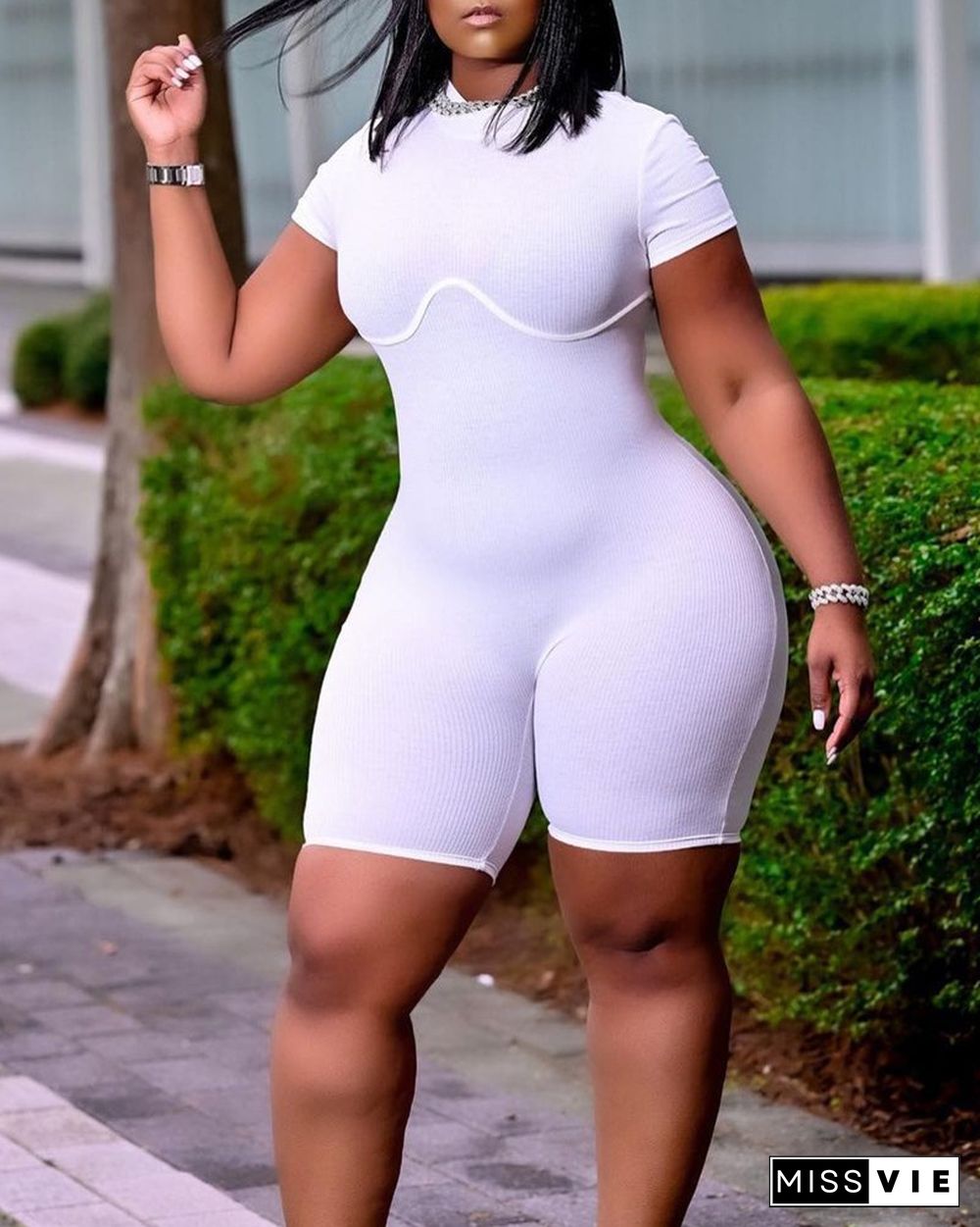 Solid Short Sleeve Slim Ribbed Rompers