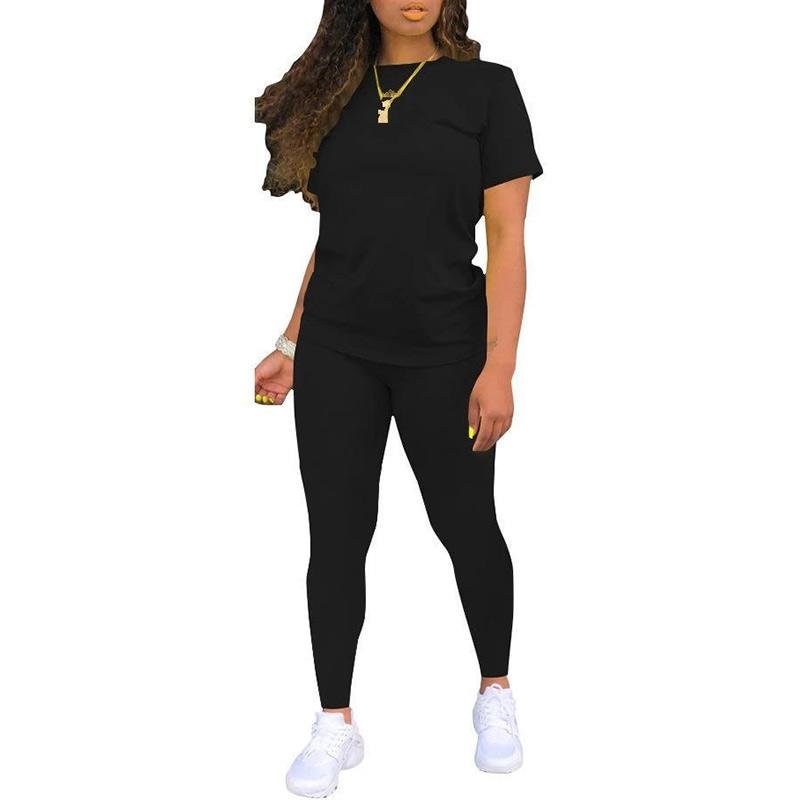 Women's two-piece printed sports suit with solid color top