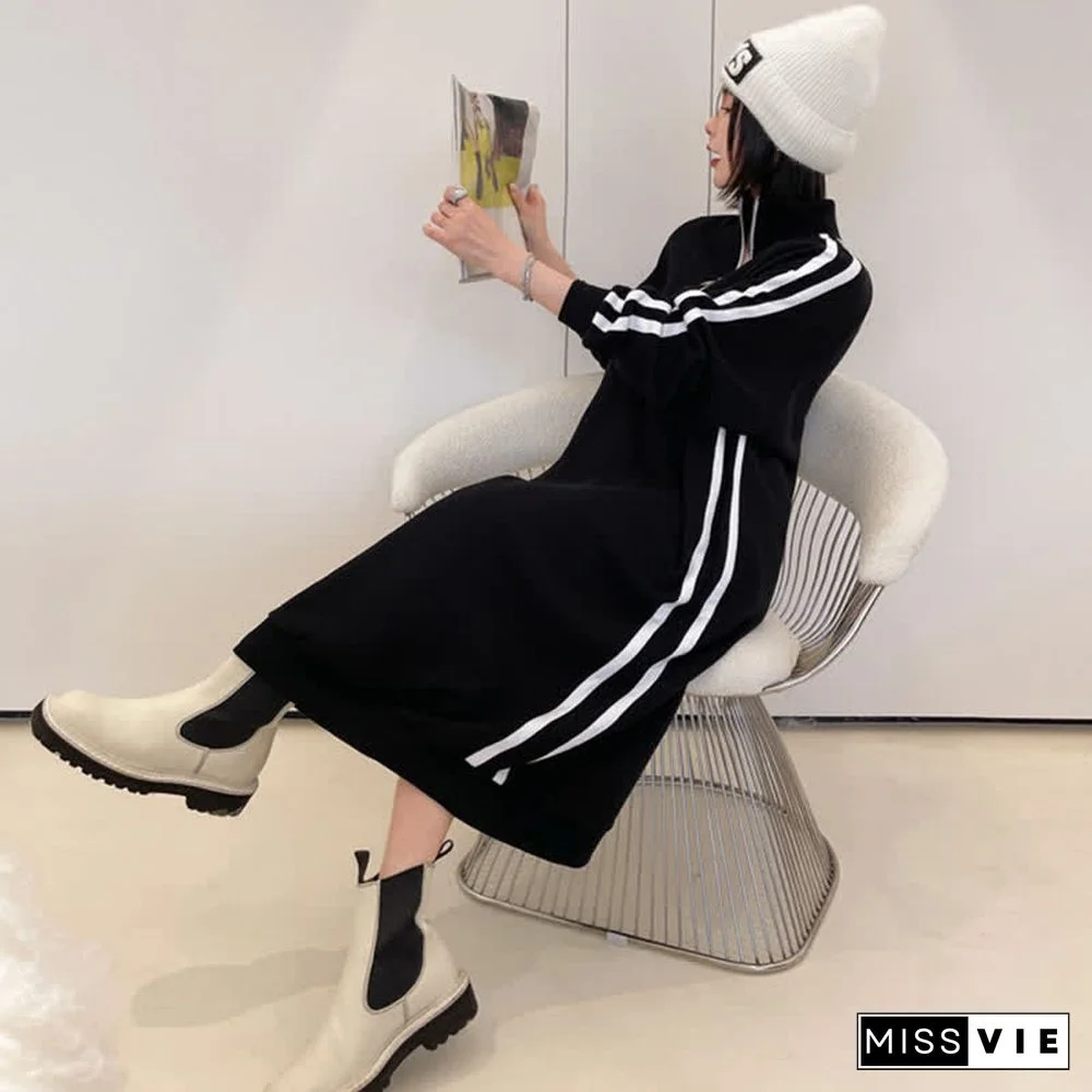 Plus Size Stripe Zipper Long Sleeve Loose Dress