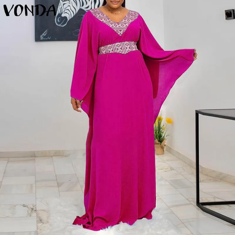 Women Solid Sleeveless Maxi Dress VONDA 2022 Summer Bow Neck Flare Sleeve Pleated Ruffled Long Party Sundress Bohemian Vestidos