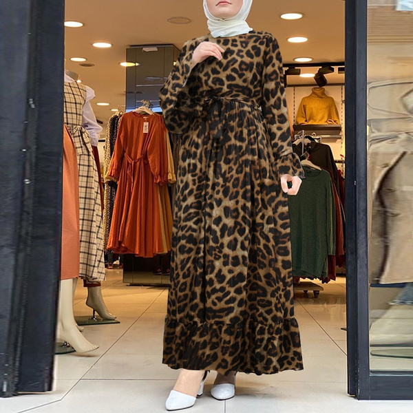 Women Muslim Dubai Islam Kaftan Flota Robe Leopar Printed Baggy Ruffle Hem Elegant Maxi Dress