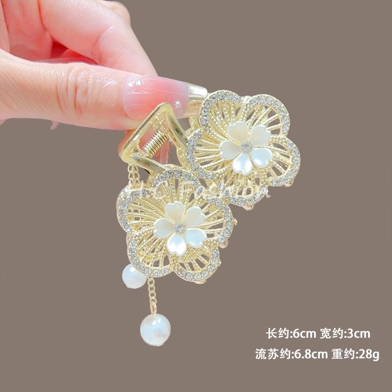 White Lotus Pearl High Ponytail Hairpin Female Back Of Head Small Grab Clip Half Tie Hair Fixing Artifact Step Tassel Grab Clip