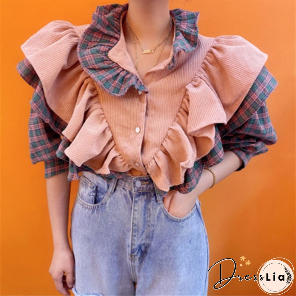 Retro Pink Plald Patchwork Shirts Women Tops Fall Korean Style Casual Loose Ruffled Long Sleeve Femme Shirts Fasion Design Shirt