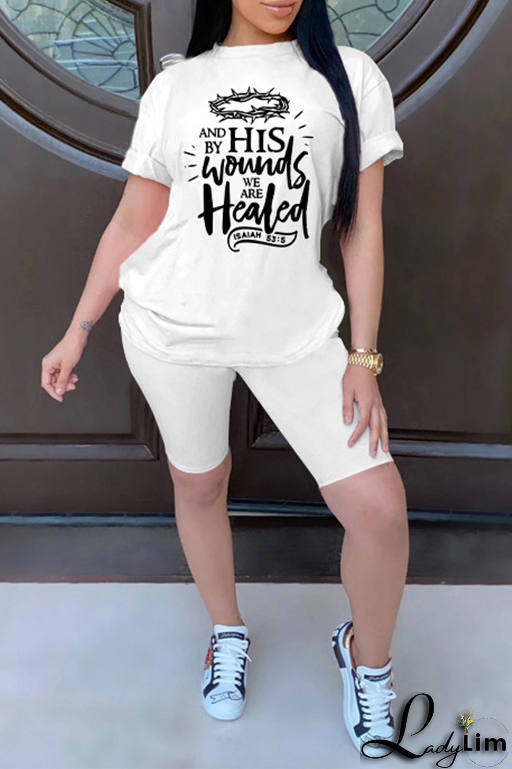 White Fashion Print Patchwork O Neck Short Sleeve Two Pieces